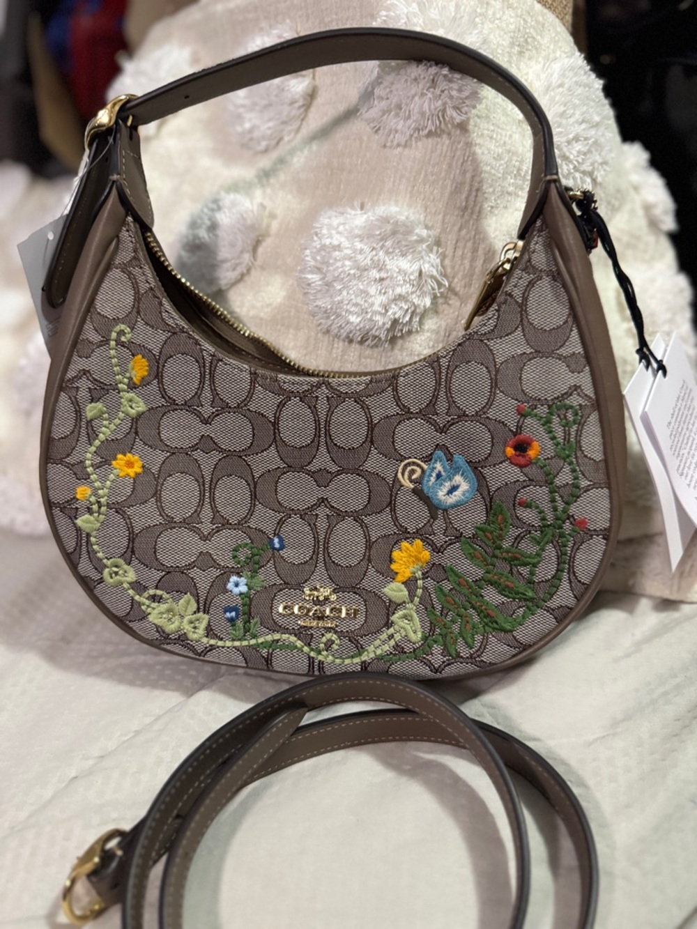 COACH Brown Signature Crescent jacquard  Bag Floral Embroidery Emily new - Picture 3 of 6